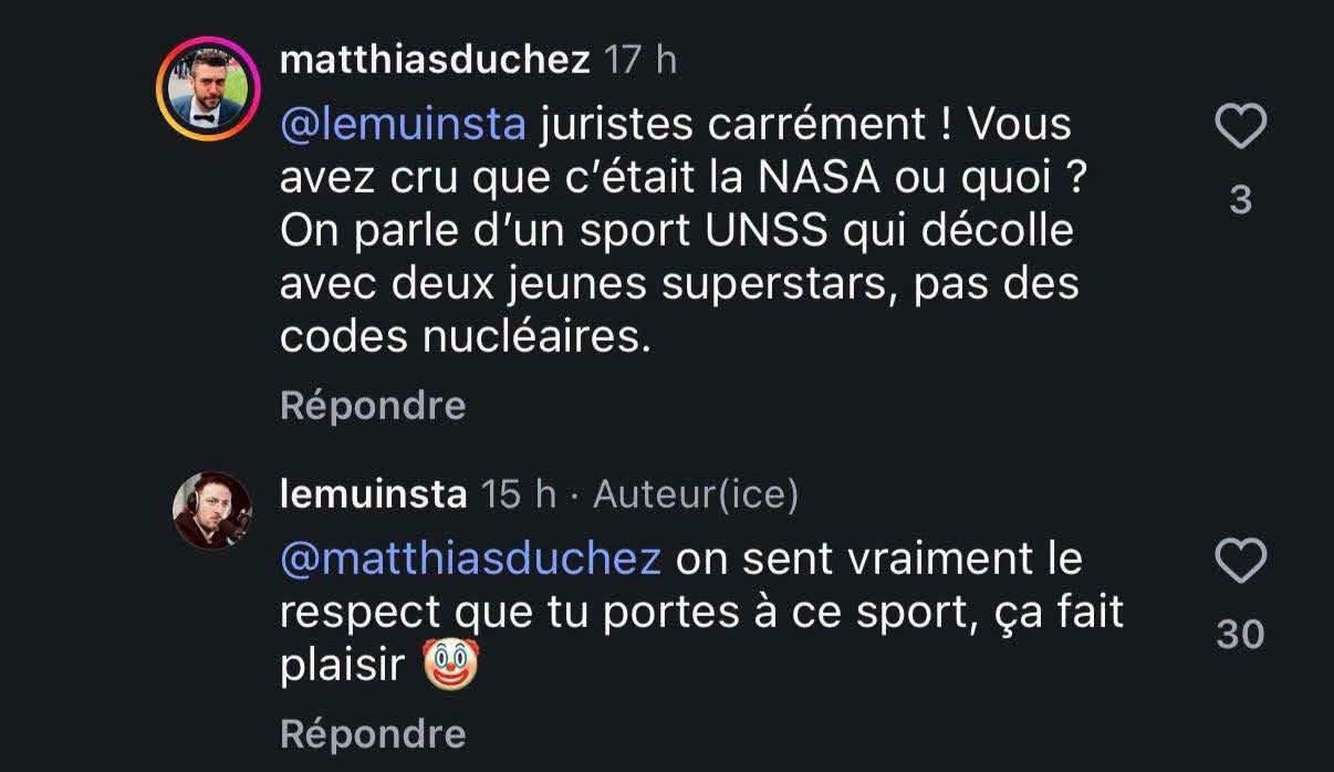 Capture d’écran du commentaire de Matthias Duchez évoquant un sport UNSS